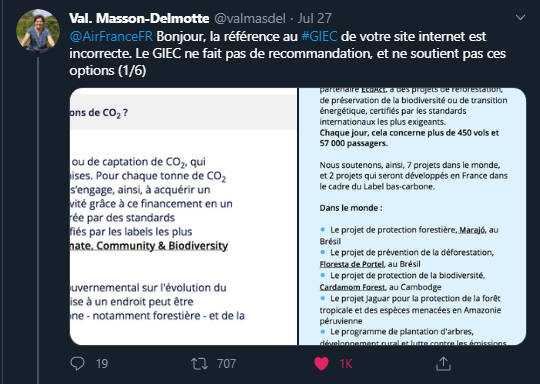 Valérie Masson Delmotte, coordinatrice du groupe 1 du GIEC, reprend Air France sur Twitter