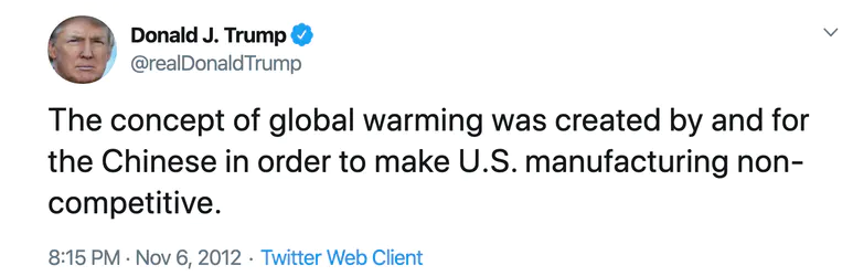 Tweet climatosceptique de Donald Trump qui accuse les Chinois d'avoir inventé le réchauffement climatique