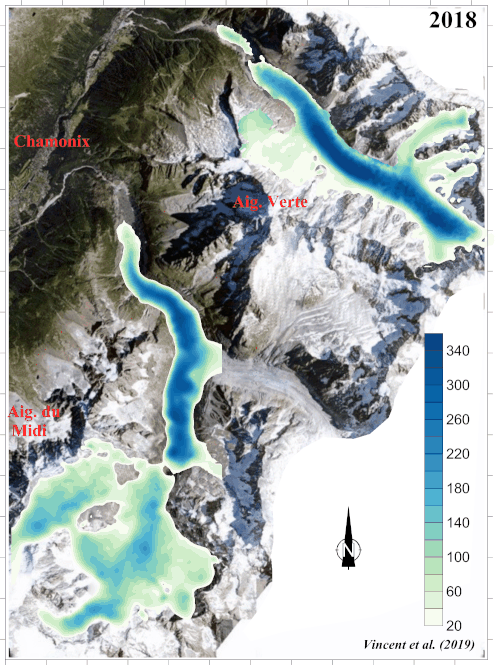Evolution of the Mer de Glace and Glacier d'Argentière according to RCP4.5, from Vincent et al. 2019 (La Météorologie)