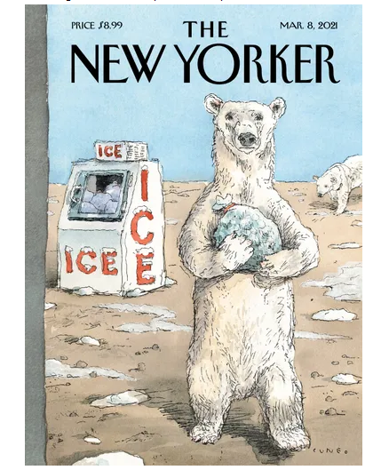 Photo du The New Yorker avec un ours polaire portant dans les bras un morceau de glace venant d'un distributeur