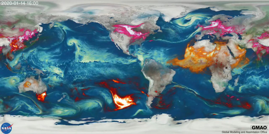 Transport mondial de la fumée des mégafeux australiens
Les différentes espèces d'aérosols sont mises en évidence par des couleurs, notamment la poussière (orange), le sel marin (bleu), les nitrates (rose) et le carbone (rouge), les régions les plus claires correspondant à des quantités d'aérosols plus importantes. Les observations MODIS de la NASA limitent les régions où la biomasse est brûlée ainsi que les profondeurs optiques des aérosols dans GEOS, ce qui permet de saisir les feux de brousse importants en Australie et le transport des aérosols émis bien en aval dans l'océan Pacifique Sud.  