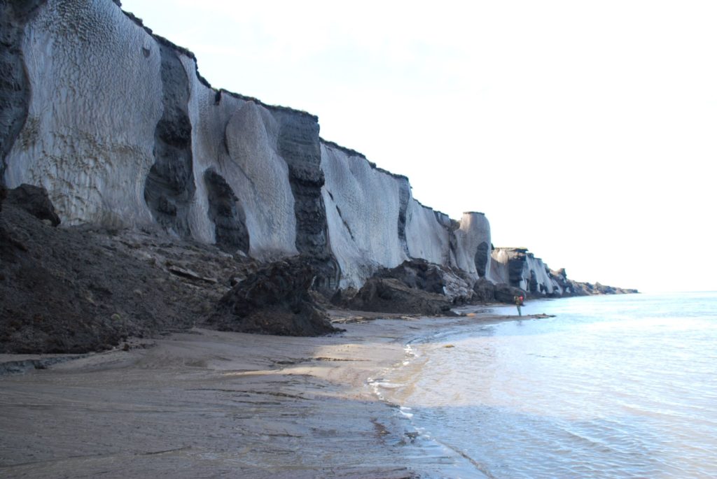 a 35-meter high cliff on the Sobo Sise (Lena delta) island, Siberian Arctic. You can see the thick permafrost layer 