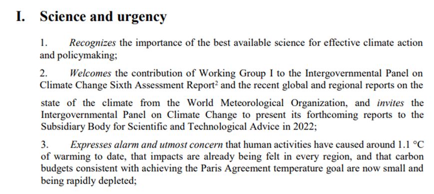 Mention of the work of the IPCC in the Glasgow Pact - COP26