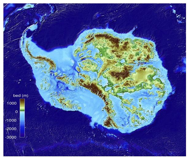 Carte du socle Antarctique, appelé "Bed Machine".
D’après les travaux de Mathieu Morlighem