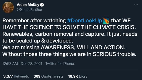 Le réalisateur de Don't Look Up un peu trop technophile sur Twitter, qui compte sur les renouvelables et... la capture carbone