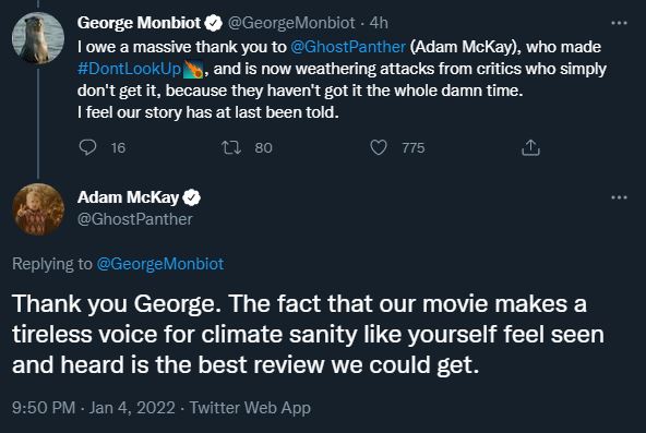 Echance sur Dont look up entre George Mombiot et Adam McKay sur Twitter