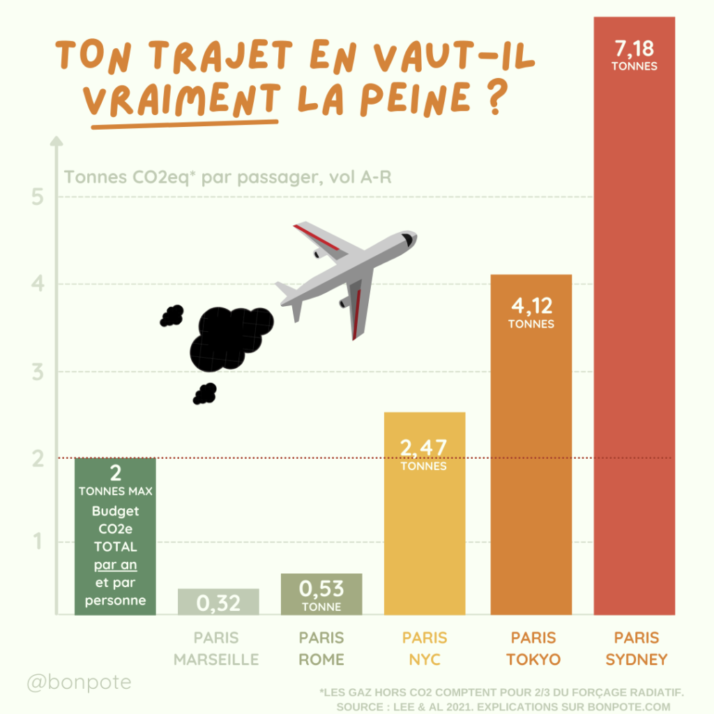 Infographie représentant l'empreinte carbone d'un vol en avion aller-retour, avec une comparaison de l'objectif des 2 tonnes par personne