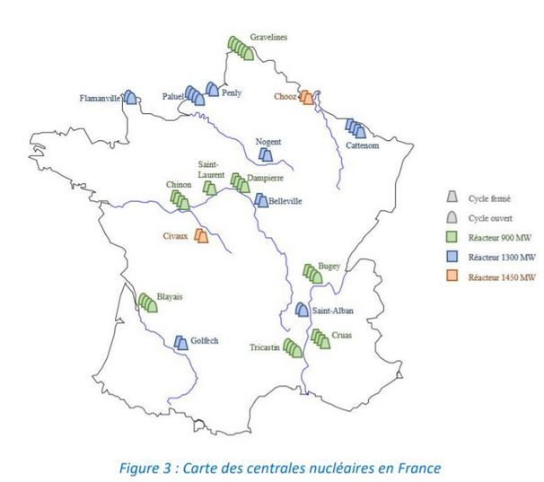 Emplacement des centrales nucléaires en France. Source : Futurs énergétiques 2050, Crédit : RTE