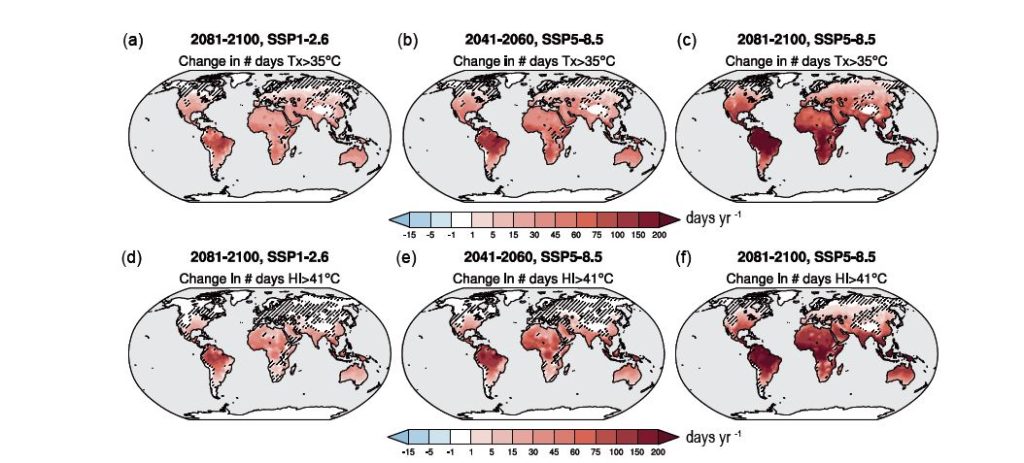 (d-f) Nombre moyen de jours par an où l'indice de chaleur NOAA (HI) dépasse 41°C.
On y retrouve l'Inde et le Pakistan