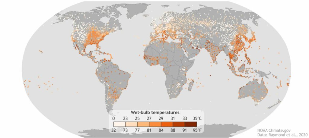Cette carte montre les endroits qui ont connu des niveaux de chaleur et d'humidité extrêmes pendant une courte période (0,1 % des températures maximales quotidiennes au thermomètre mouillé les plus chaudes) de 1979 à 2017. Les couleurs plus foncées indiquent des combinaisons plus sévères de chaleur et d'humidité. 