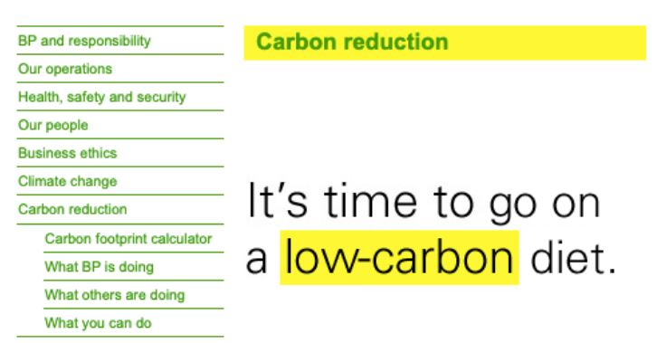 Screenshot du site BP en 2008 faisant la promotion de son simulateur d'empreinte carbone