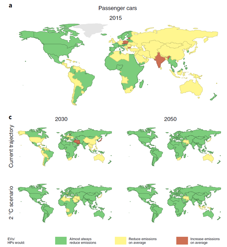 Émissions de gaz à effet de serre relatives des voitures électriques et thermiques dans le monde en 2015, 2030 et 2050. Source : Knobloch et al, 2020. 