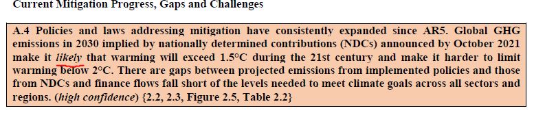 Extrait du Rapport de synthèse du GIEC, SPM, qui précise qu'il est probable d'avoir un réchauffement supérieur à +1.5°C