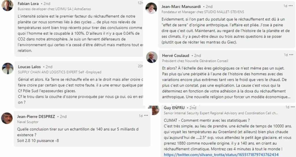 Exemples de commentaires climatosceptiques sur Linkedin