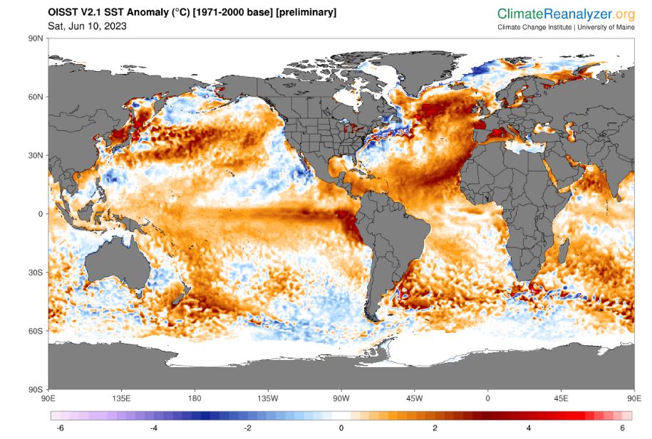 Anomalies de température océaniques mondiales le 10 juin 2023. Les canicules marines en 2023 seront criantes