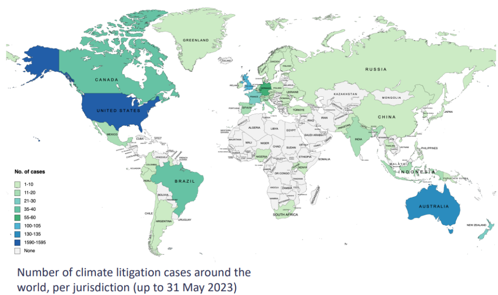 Carte qui montre le Nombre de litiges climatiques dans le monde, par juridiction (jusqu'au 31 mai 2023)
Source : LSE, Global Trends in Climate Litigation 2023