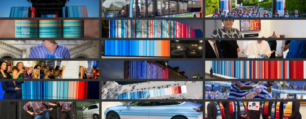 Toutes les différentes utilisations des warming stripes , de la voiture, au stade de foot, aux facades des immeubles
Crédit : Showyourstripes.info