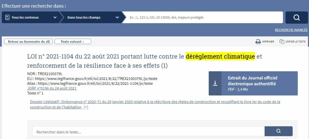 Copie d'écran de la loi portant lutte contre le dérèglement climatique et le renforcement de la résilience face à ses effets a été promulguée et publiée au Journal officiel le 24 août 2021