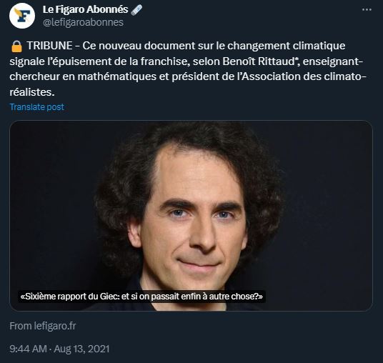 Tribune du Figaro avec le climatosceptique Benoit Rittaud