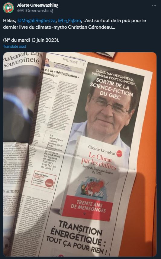Publicité d'un livre climatosceptique dans le Figaro de Christian Gerondeau