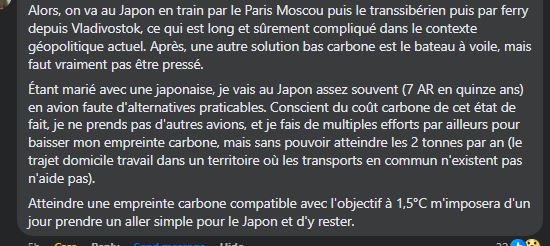 Commentaire sur la page Facebook Bon Pote sur le rôle de l'avion sur le réchauffement climatique et la famille