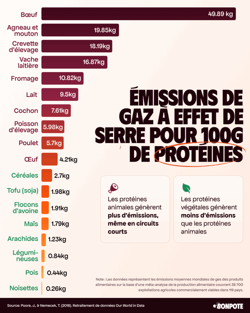Émissions de gaz à effet de serre (GES) pour 100g de protéines