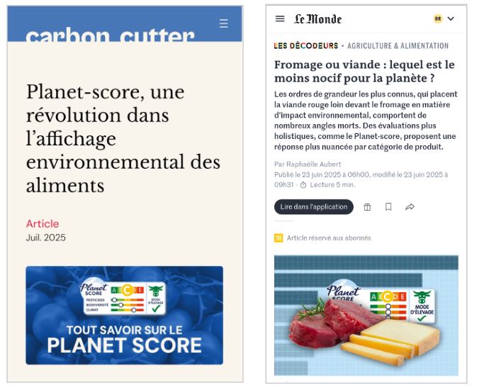 Exemples d’articles favorables au Planet-score. A gauche un article de Carbon Cutter, à droite un article du Monde