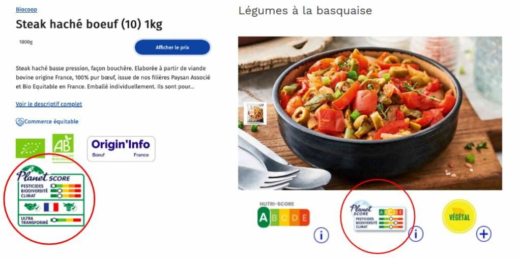 Illustrations de l’étiquette Planet-score sur le site internet de Biocoop (à gauche) et de Picard (à droite). 

