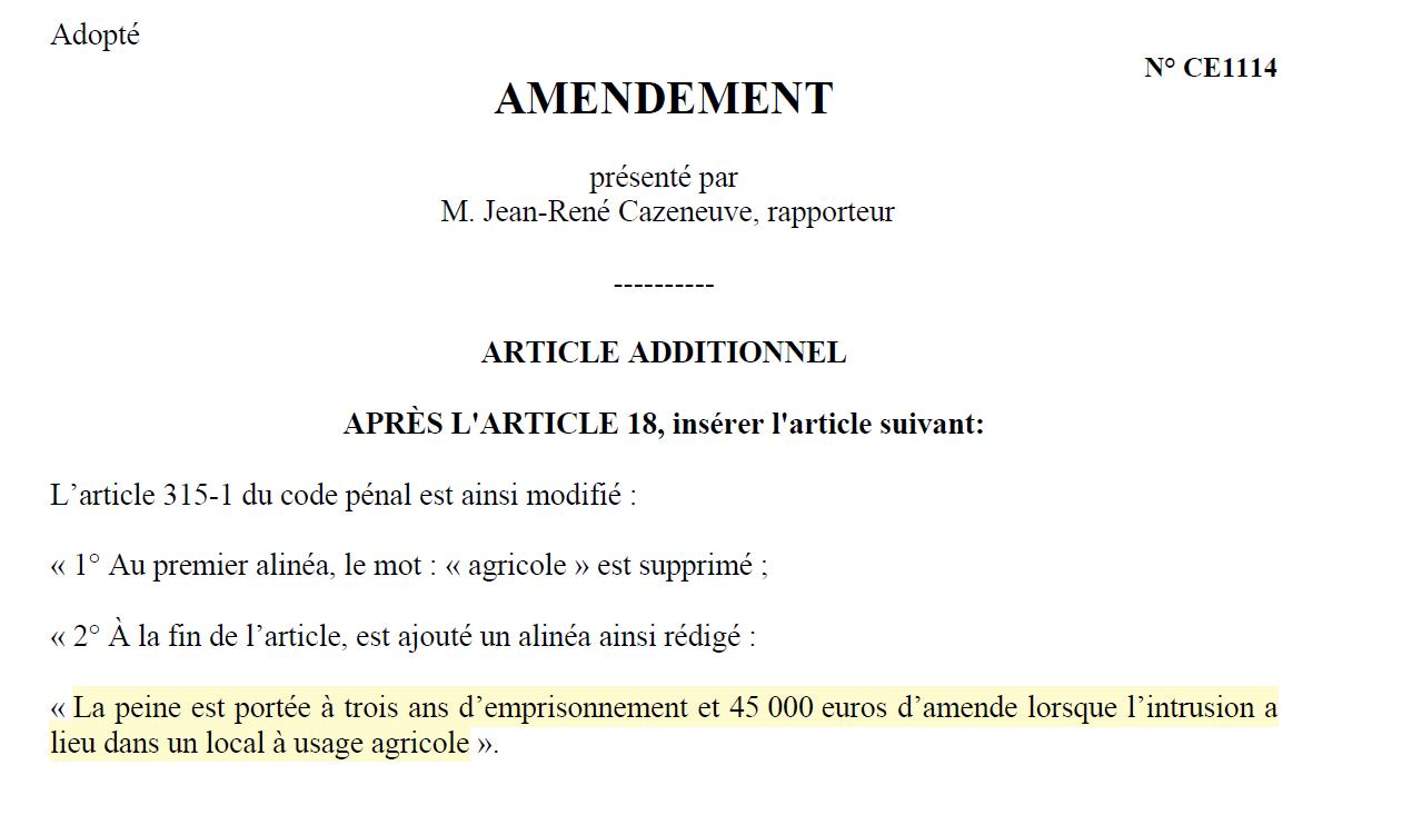Amendement du projet de loi d'urgence agricole qui augmente les sanctions en cas d'intrusion dans des exploitations agricoles
