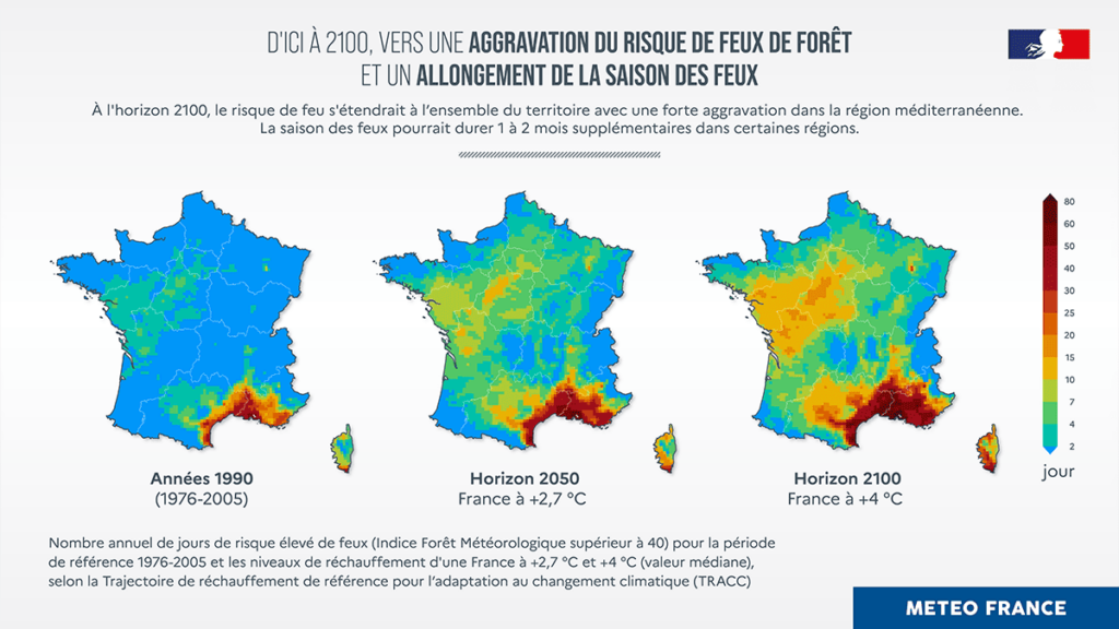 Evolution du risque de feu en France, entre les années 1990 et les Horizon 2050 et 2100 (projections)