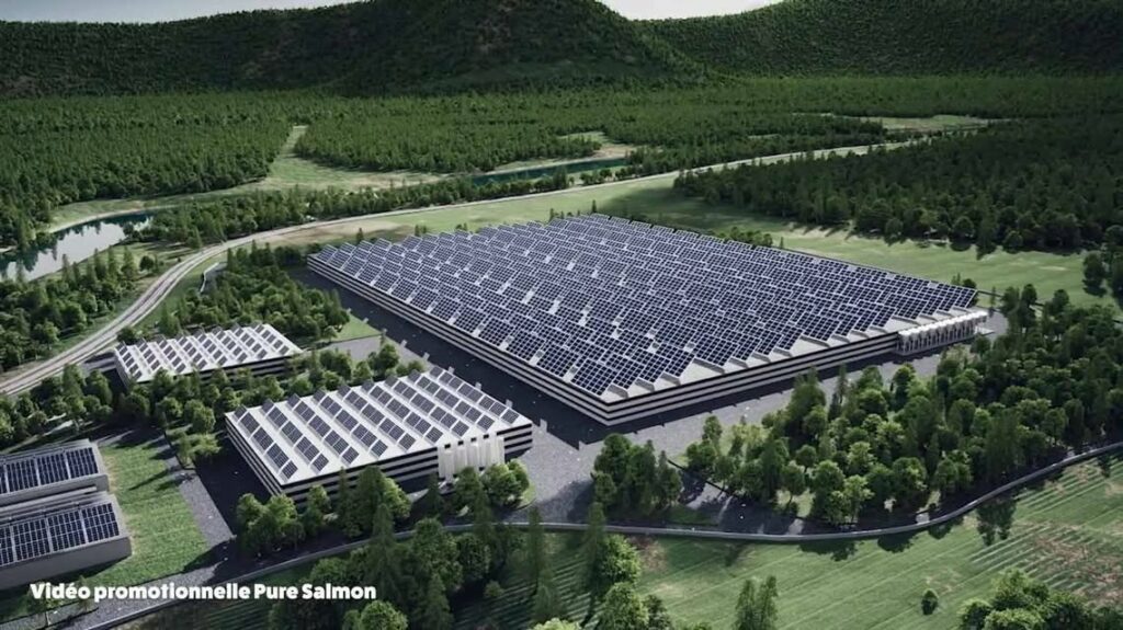 Capture d'écran d'un projet de mégaferme de saumon par PureSalmon, entreprise à l'origine du projet en Gironde.