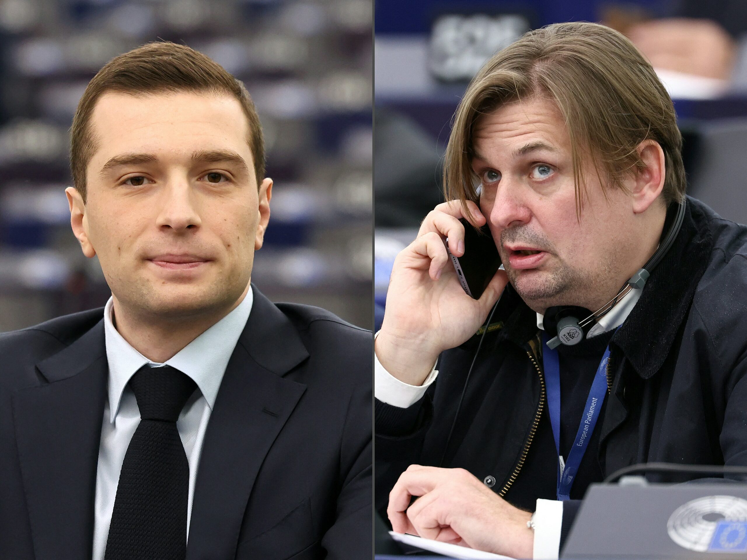 Jordan Bardella, eurodéputé du Rassemblement national, et Maximilian Krah, ancien eurodéputé de l'AfD qui avait minimisé les crimes commis par les SS.